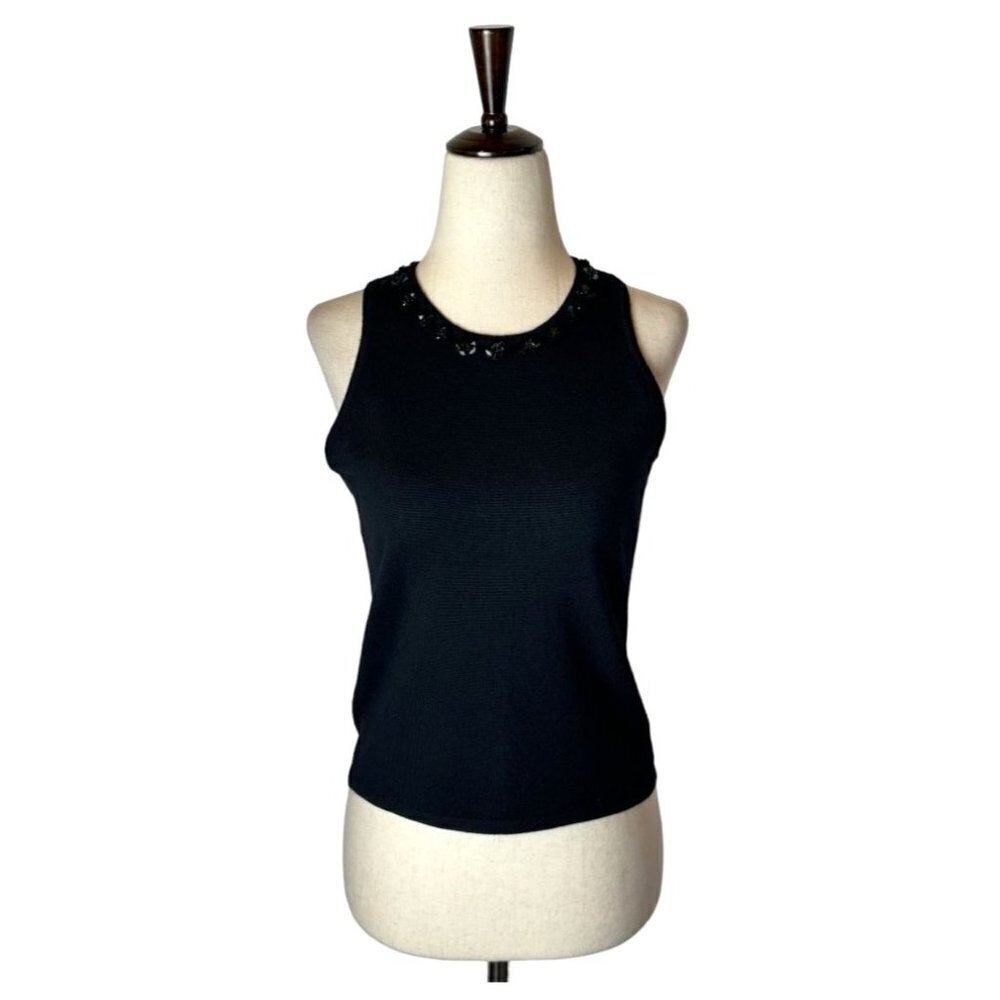 Saks Fifth Avenue Black Wool Beaded Neck Sleeveless Tank Top Blouse Size PS